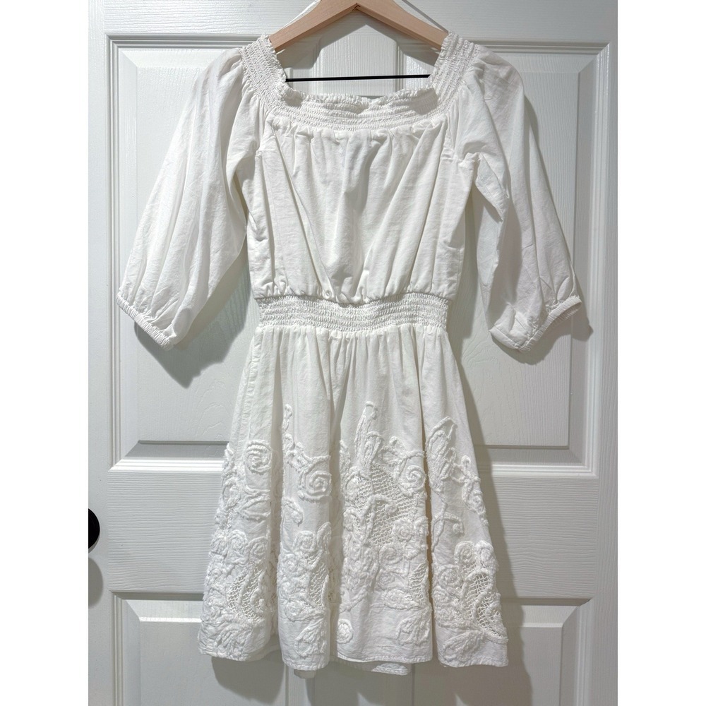 Chelsea28 White Cotton Off Shoulder Embroidered Floral Lined Cottagecore Dress 2 - Picture 2 of 9